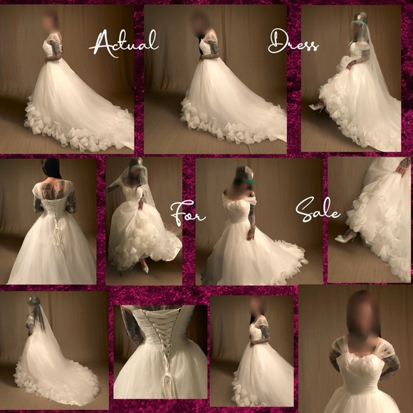 Handmade Wedding Dress Tulle Floral butterfly Appliqués, Feather Bust Long Train - Picture 6 of 17